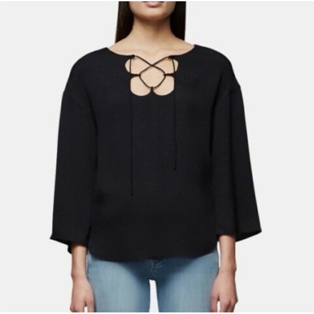 Frame Top Women's Black Mirrored Lace Up Blouse‎ Tie Front Crepe Shirt Sz S